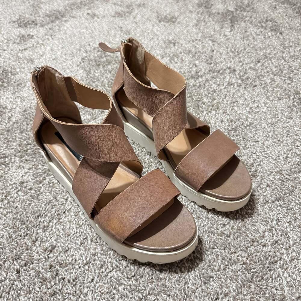 Steven by Steve Madden Keanna Taupe Leather Crisscross Platform Wedge Sandals